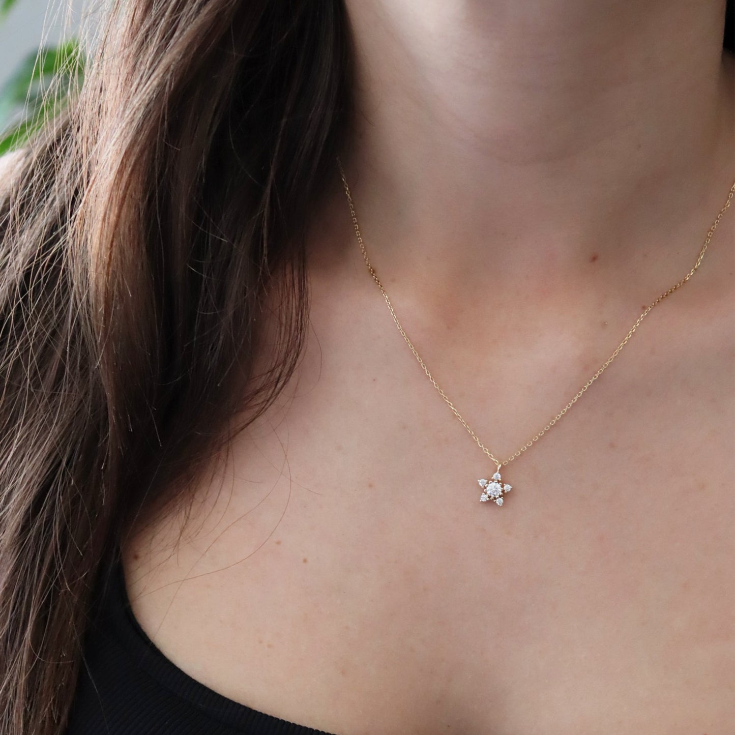 Women modelling Star Gold Sterling Silver Cubic Zirconia Necklace