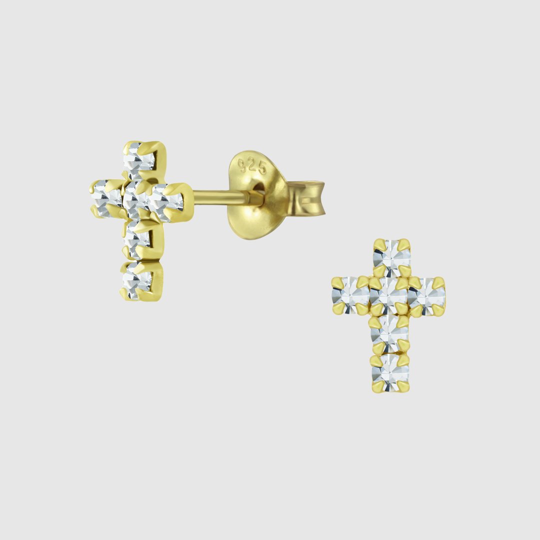 CZ Gold Cross Stud Earrings - Gemzis