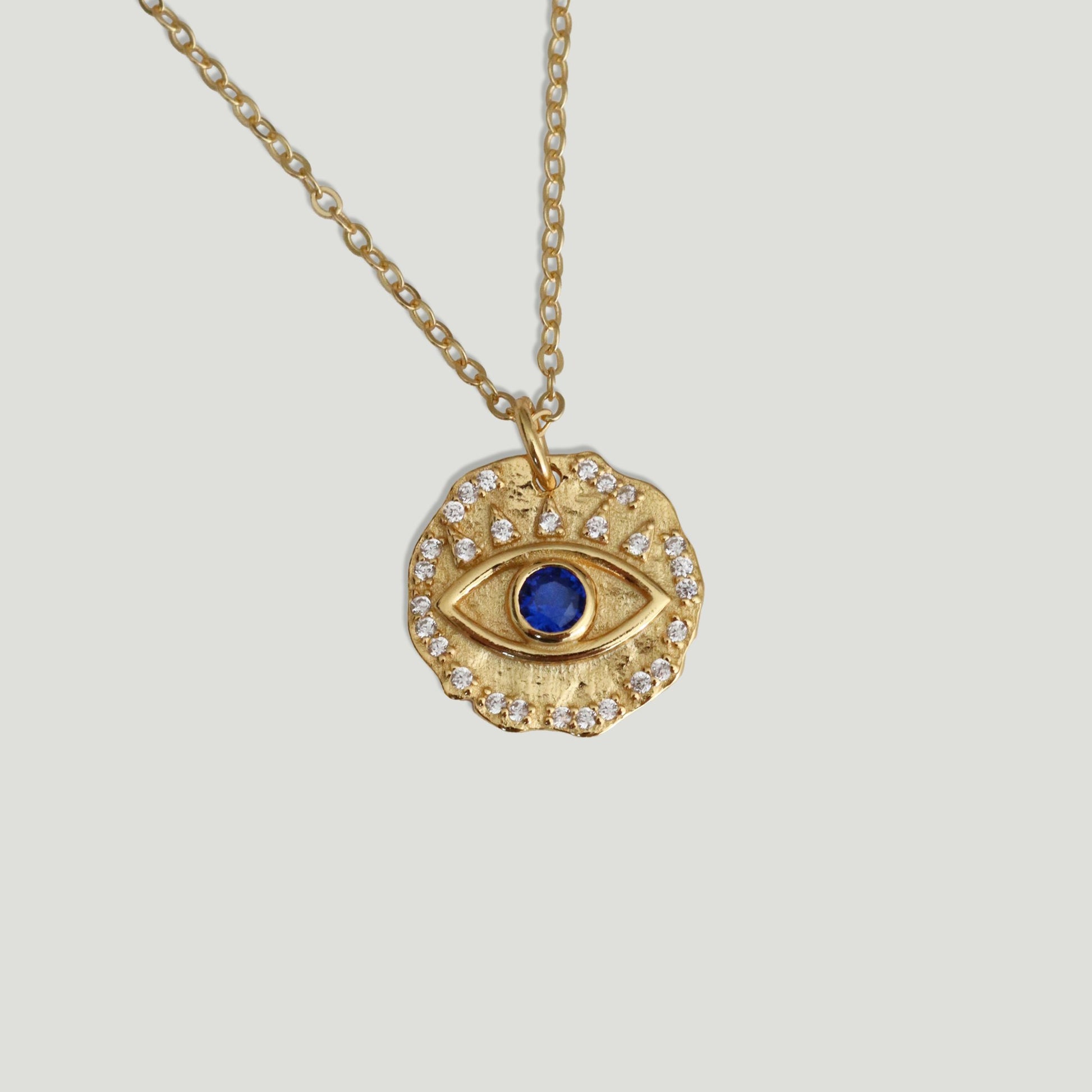Evil Eye Gold Sterling Silver Cubic Zirconia Blue Gemstone Round Pendant Necklace 