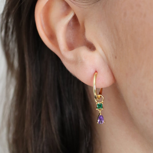 Earshot of Purple and Green Gemstone Cubic Zirconia Drop Ear Charm 925 Sterling Silver 18kt Gold Plated - Gemzis