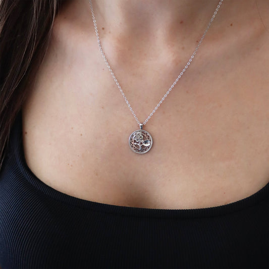 Women Modelling 925 Sterling Silver Necklace Flower Charm Pendant - Gemzis