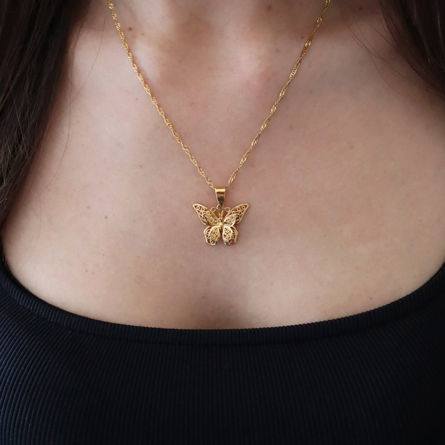 Woman Modelling Butterfly Gold Plated 18kt Necklace